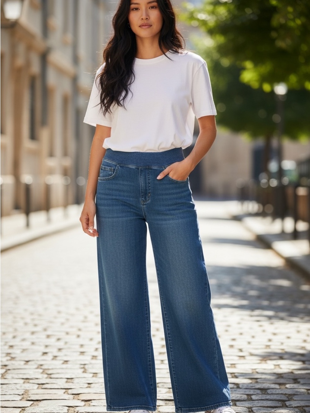 Halara Women’s Wide Leg Jeans Size M Petite Dark Blue Stretch Pull On NWT